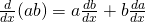 Rendered by QuickLaTeX.com \frac{d}{dx}(ab)=a\frac{db}{dx}+b\frac{da}{dx}