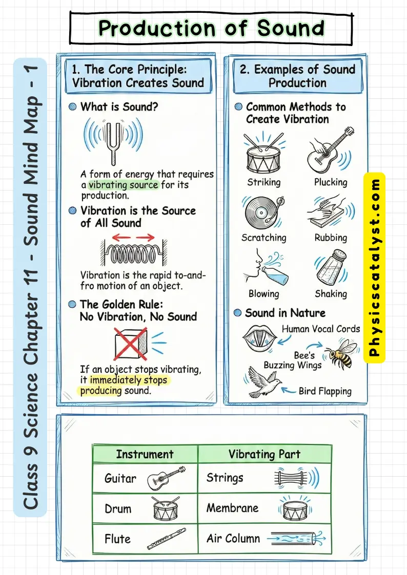 Mind map showing production of sound through vibration, tuning fork experiments, and examples