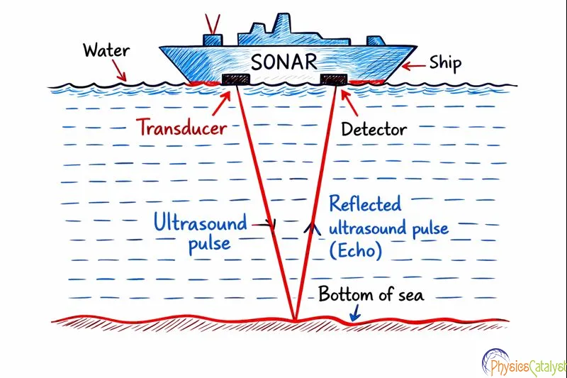 Diagram showing working of SONAR using reflection of ultrasonic sound waves to locate underwater objects