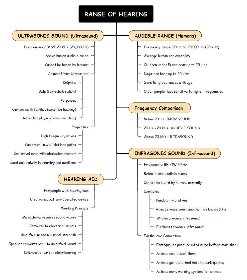 Mind map showing range of hearing, audible range, infrasonic and ultrasonic sound, and hearing aid