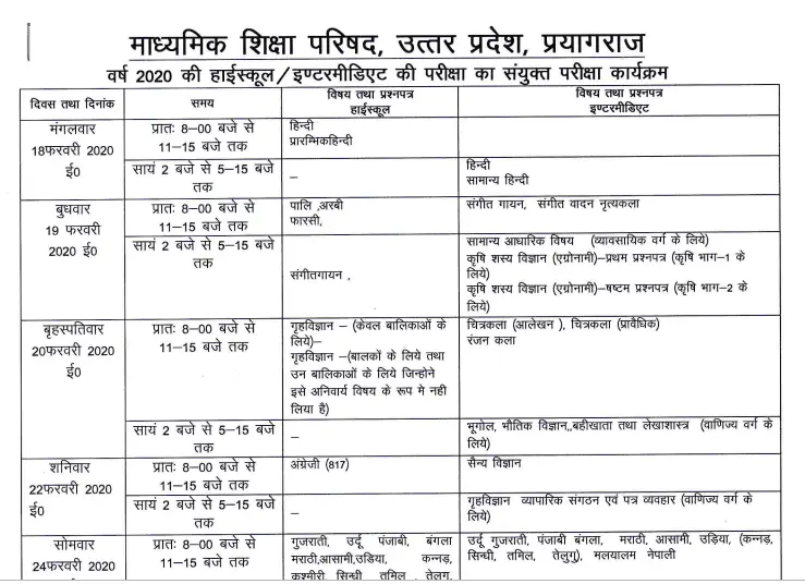 Up Board Exam Date Table 2020 10th And 12th Time Table