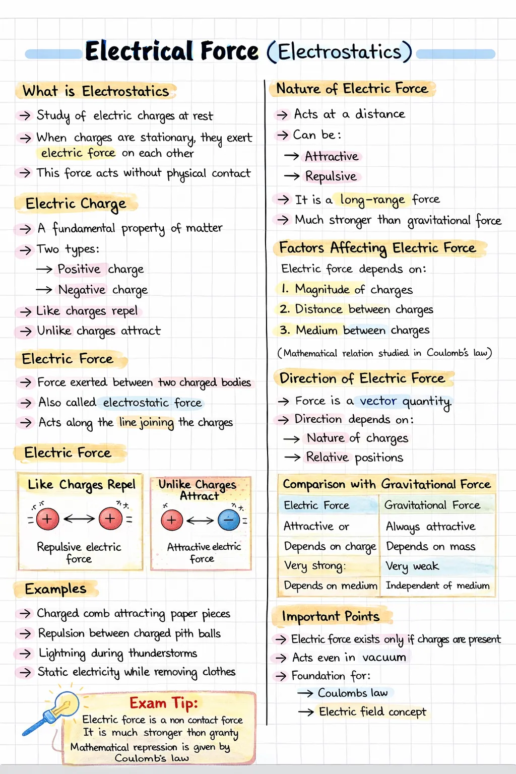 Handwritten notes explaining electrical force, electric charge, nature of electric force, factors affecting electric force and comparison with gravitational force for Class 12 physics